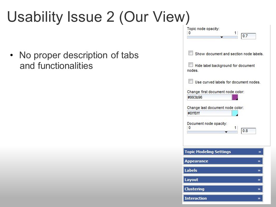 Usability Issue 2 (Our View) No proper description of tabs and functionalities