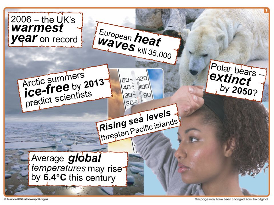 Arctic summers ice-free by 2013 predict scientists European heat waves kill 35, – the UK’s warmest year on record Rising sea levels threaten Pacific islands Polar bears – extinct by 2050.