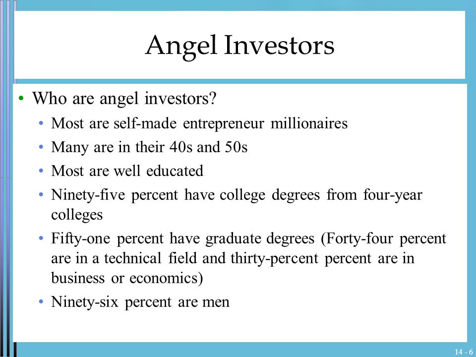Angel Investors Who are angel investors.
