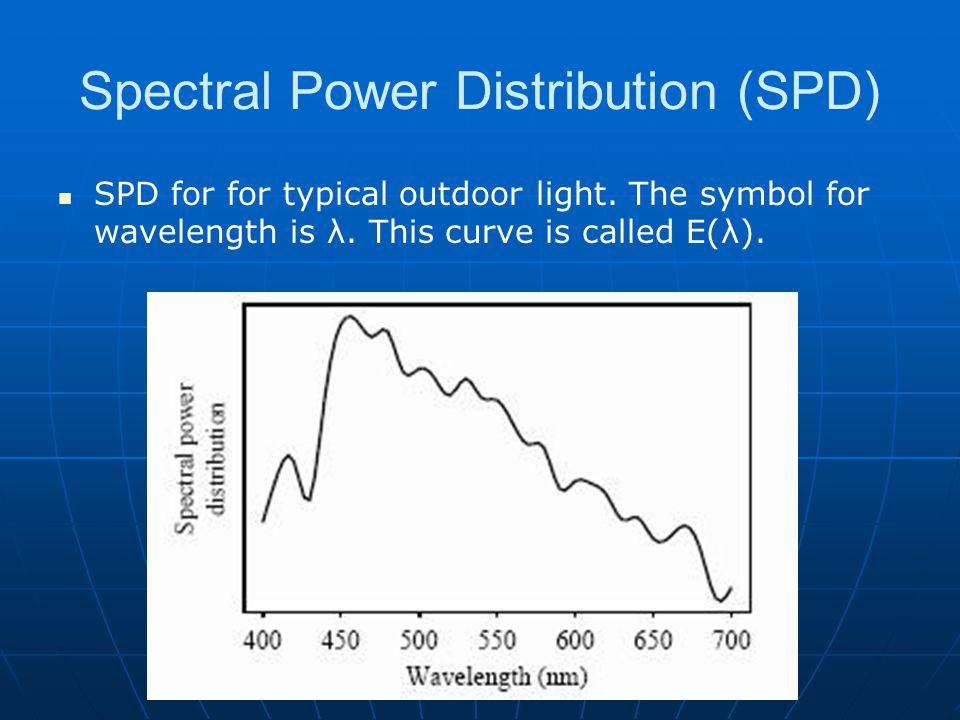 Spectral Power Distribution (SPD) SPD for for typical outdoor light.