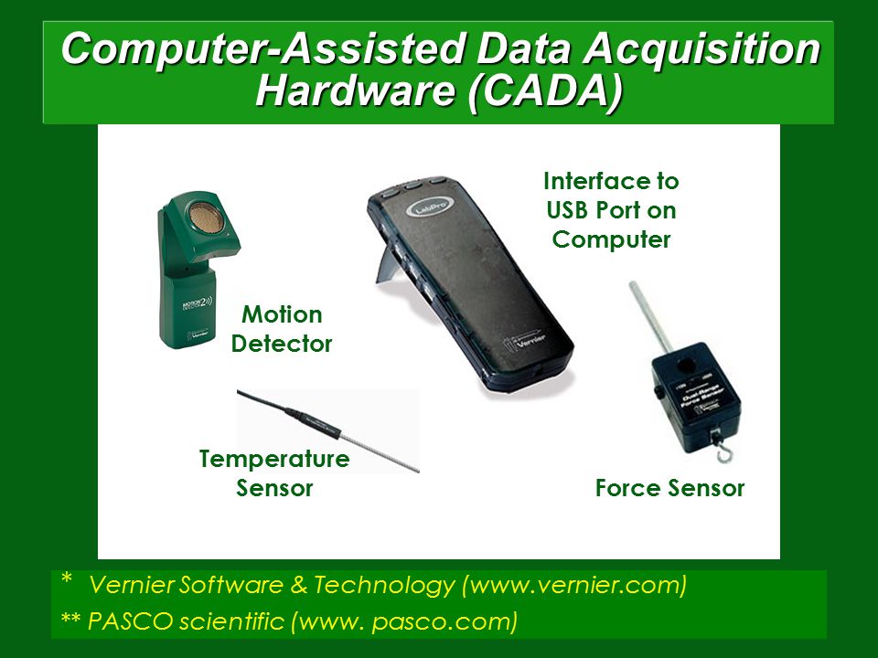 Computer-Assisted Data Acquisition Hardware (CADA) Interface to USB Port on Computer Force Sensor Motion Detector Temperature Sensor * Vernier Software & Technology (  ** PASCO scientific (www.