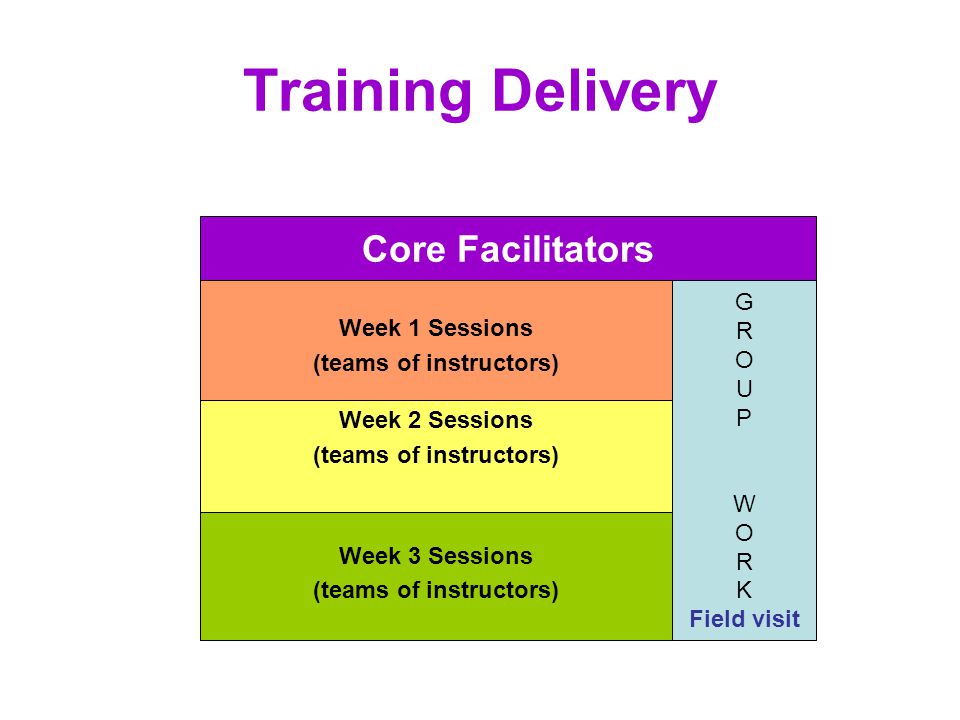 Training Delivery Week 3 Sessions (teams of instructors) Week 2 Sessions (teams of instructors) Week 1 Sessions (teams of instructors) G R O U P W O R K Field visit Core Facilitators