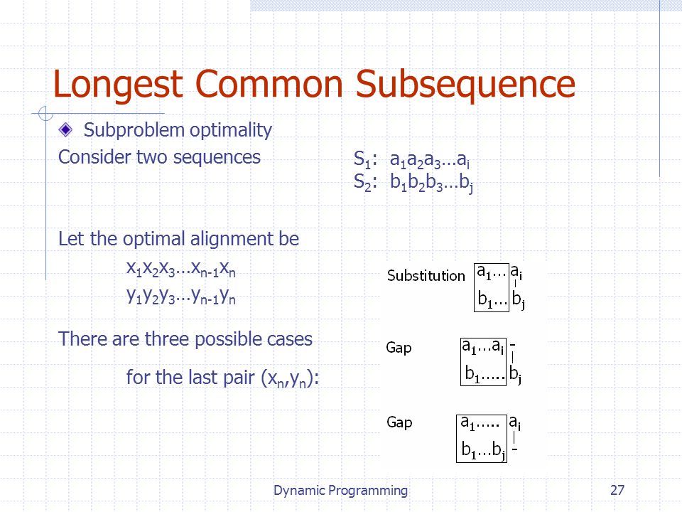 Dynamic Programming27 Longest Common Subsequence Subproblem optimality Consider two sequences Let the optimal alignment be x 1 x 2 x 3 …x n-1 x n y 1 y 2 y 3 …y n-1 y n There are three possible cases for the last pair (x n,y n ): S 1 : a 1 a 2 a 3 …a i S 2 : b 1 b 2 b 3 …b j