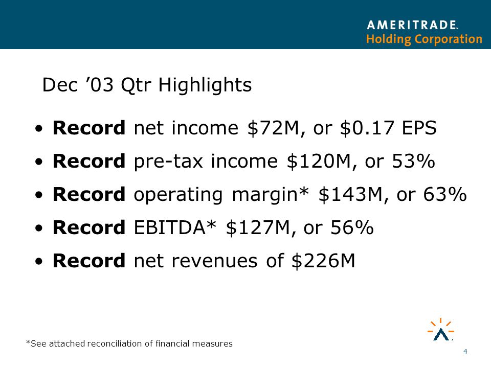 4 Dec ’03 Qtr Highlights Record net income $72M, or $0.17 EPS Record pre-tax income $120M, or 53% Record operating margin* $143M, or 63% Record EBITDA* $127M, or 56% Record net revenues of $226M *See attached reconciliation of financial measures