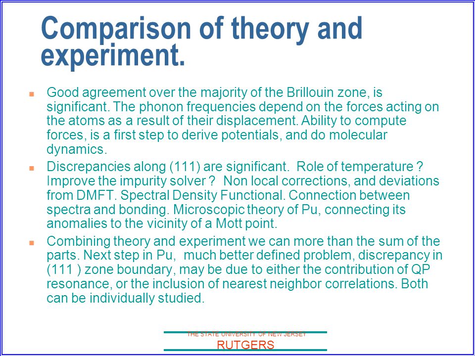 THE STATE UNIVERSITY OF NEW JERSEY RUTGERS Comparison of theory and experiment.