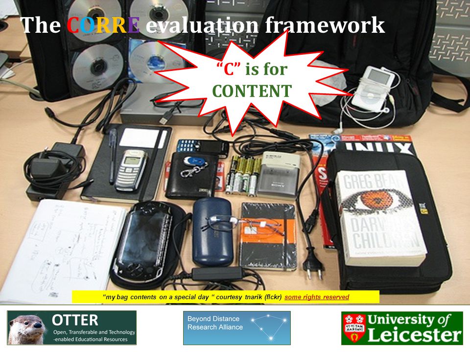 my bag contents on a special day courtesy tnarik (flckr) some rights reservedsome rights reserved The CORRE evaluation framework C is for CONTENT
