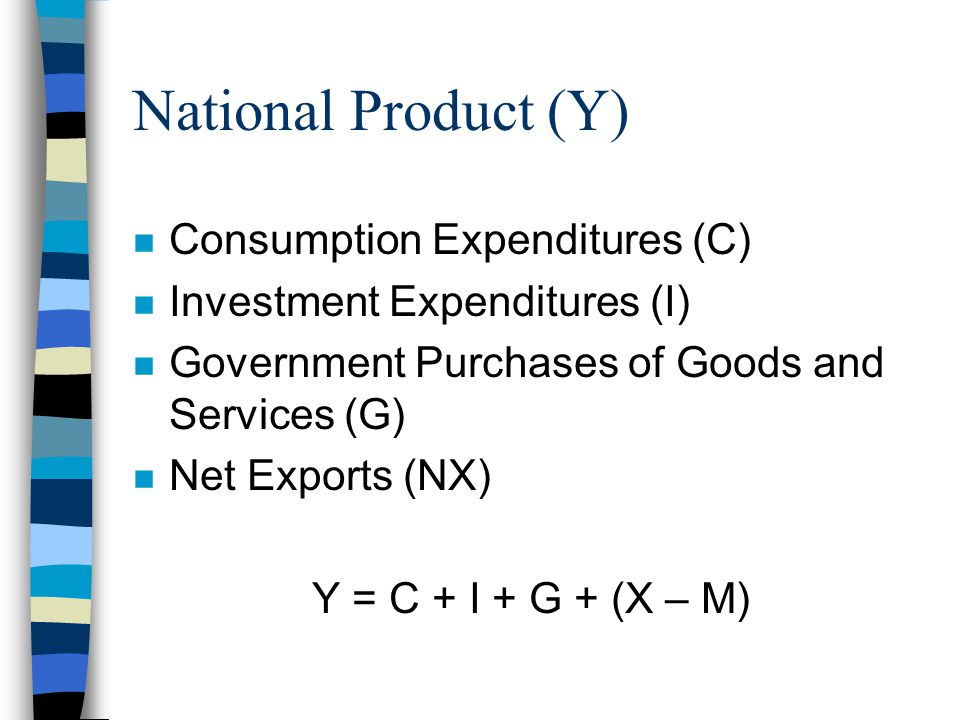 National Product (Y) n Consumption Expenditures (C) n Investment Expenditures (I) n Government Purchases of Goods and Services (G) n Net Exports (NX) Y = C + I + G + (X – M)