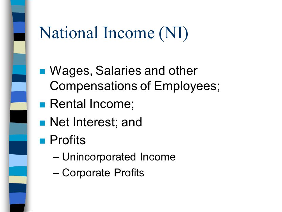 National Income (NI) n Wages, Salaries and other Compensations of Employees; n Rental Income; n Net Interest; and n Profits –Unincorporated Income –Corporate Profits
