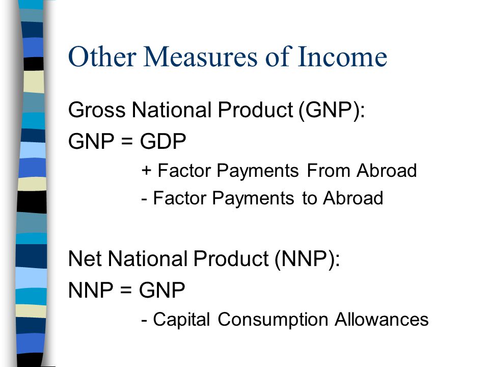 Other Measures of Income Gross National Product (GNP): GNP = GDP + Factor Payments From Abroad - Factor Payments to Abroad Net National Product (NNP): NNP = GNP - Capital Consumption Allowances