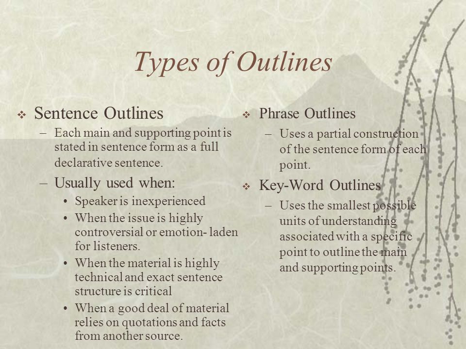 Types of Outlines  Sentence Outlines –Each main and supporting point is stated in sentence form as a full declarative sentence.