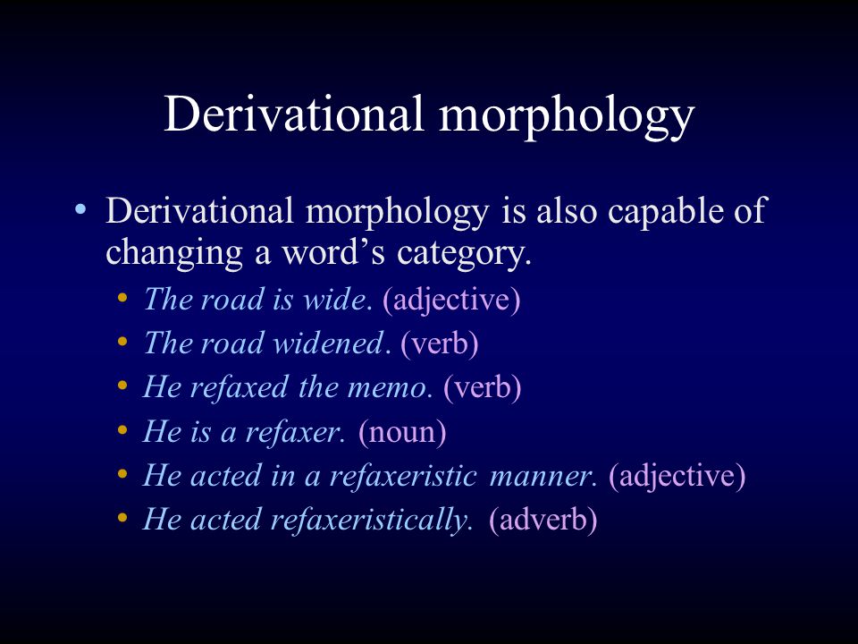 Derivational morphology Derivational morphology is also capable of changing a word’s category.