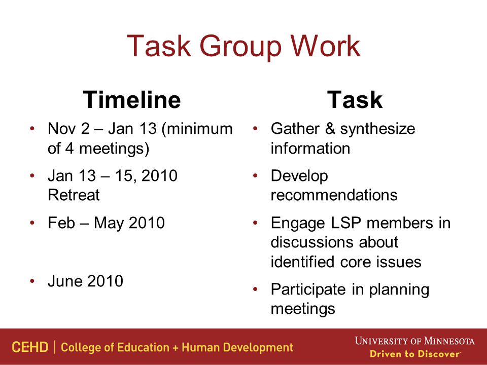 Task Group Work Timeline Nov 2 – Jan 13 (minimum of 4 meetings) Jan 13 – 15, 2010 Retreat Feb – May 2010 June 2010 Task Gather & synthesize information Develop recommendations Engage LSP members in discussions about identified core issues Participate in planning meetings