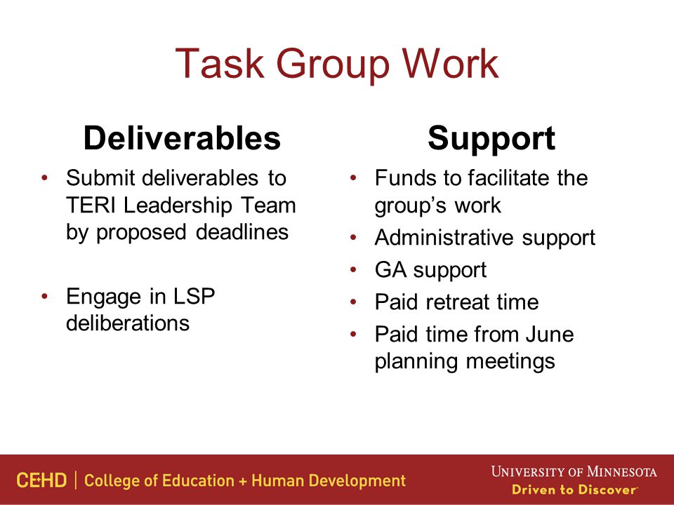 Task Group Work Deliverables Submit deliverables to TERI Leadership Team by proposed deadlines Engage in LSP deliberations Support Funds to facilitate the group’s work Administrative support GA support Paid retreat time Paid time from June planning meetings