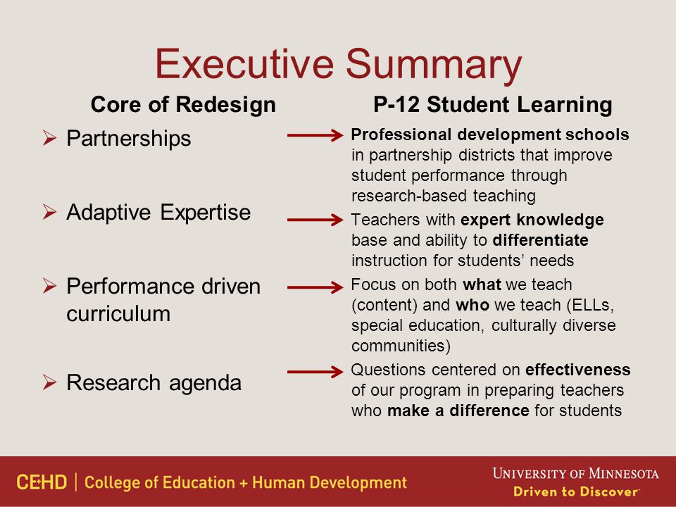 Executive Summary Core of Redesign  Partnerships  Adaptive Expertise  Performance driven curriculum  Research agenda P-12 Student Learning Professional development schools in partnership districts that improve student performance through research-based teaching Teachers with expert knowledge base and ability to differentiate instruction for students’ needs Focus on both what we teach (content) and who we teach (ELLs, special education, culturally diverse communities) Questions centered on effectiveness of our program in preparing teachers who make a difference for students