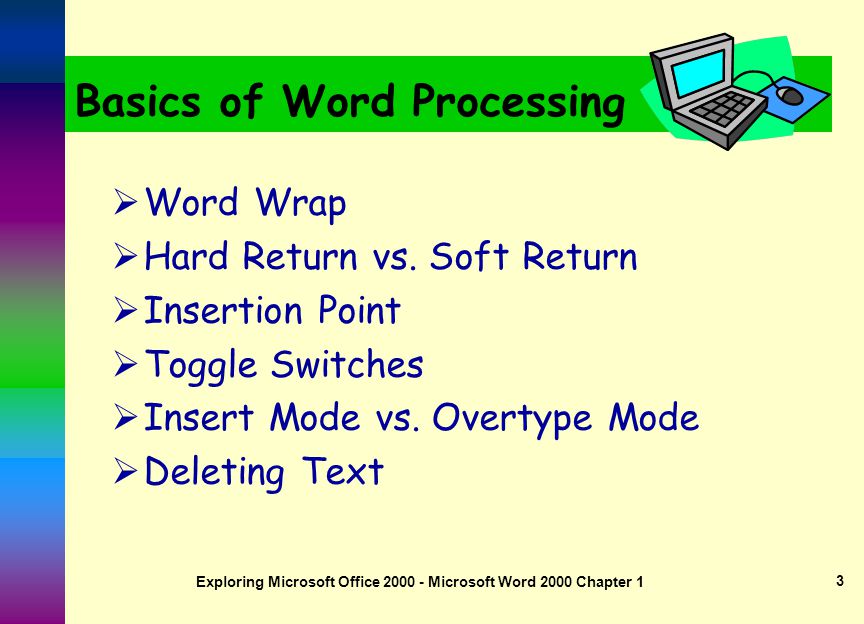Exploring Microsoft Office Microsoft Word 2000 Chapter 1 2 Overview  Word Processing software used to create documents.