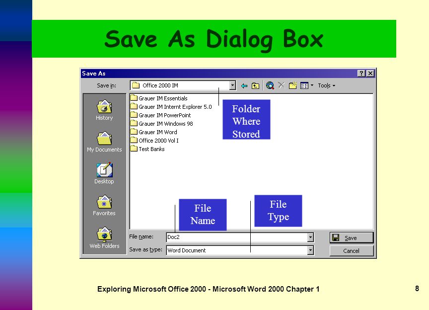 Exploring Microsoft Office Microsoft Word 2000 Chapter 1 7 The File Menu Commands  New  Open  Close  Save  Save As  Page Setup  Print