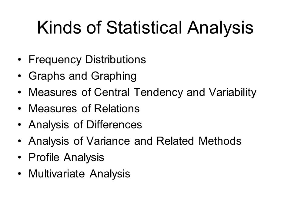 Kinds of Statistical Analysis Frequency Distributions Graphs and Graphing Measures of Central Tendency and Variability Measures of Relations Analysis of Differences Analysis of Variance and Related Methods Profile Analysis Multivariate Analysis