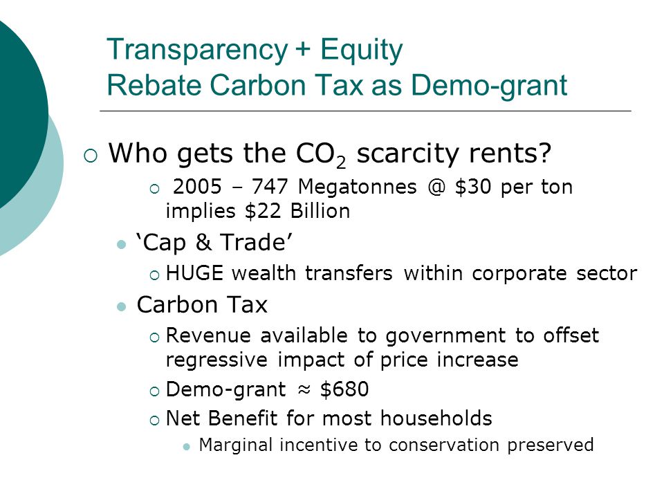 Transparency + Equity Rebate Carbon Tax as Demo-grant  Who gets the CO 2 scarcity rents.