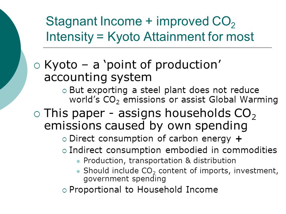 Stagnant Income + improved CO 2 Intensity = Kyoto Attainment for most  Kyoto – a ‘point of production’ accounting system  But exporting a steel plant does not reduce world’s CO 2 emissions or assist Global Warming  This paper - assigns households CO 2 emissions caused by own spending  Direct consumption of carbon energy +  Indirect consumption embodied in commodities Production, transportation & distribution Should include CO 2 content of imports, investment, government spending  Proportional to Household Income