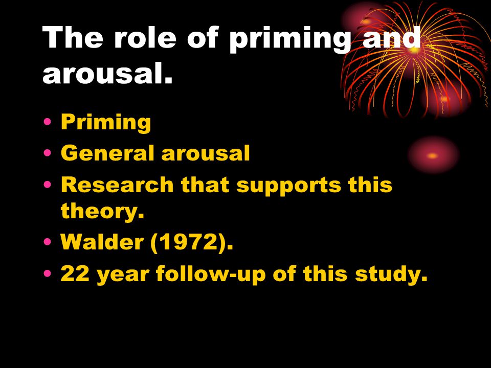 The role of priming and arousal. Priming General arousal Research that supports this theory.