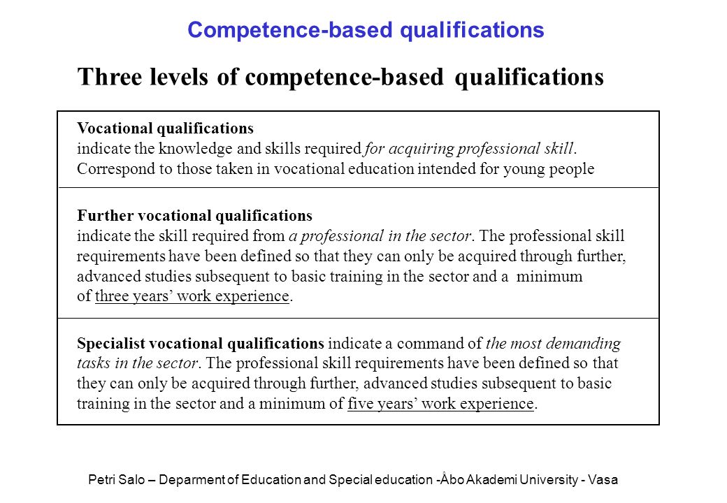 Three levels of competence-based qualifications Vocational qualifications indicate the knowledge and skills required for acquiring professional skill.