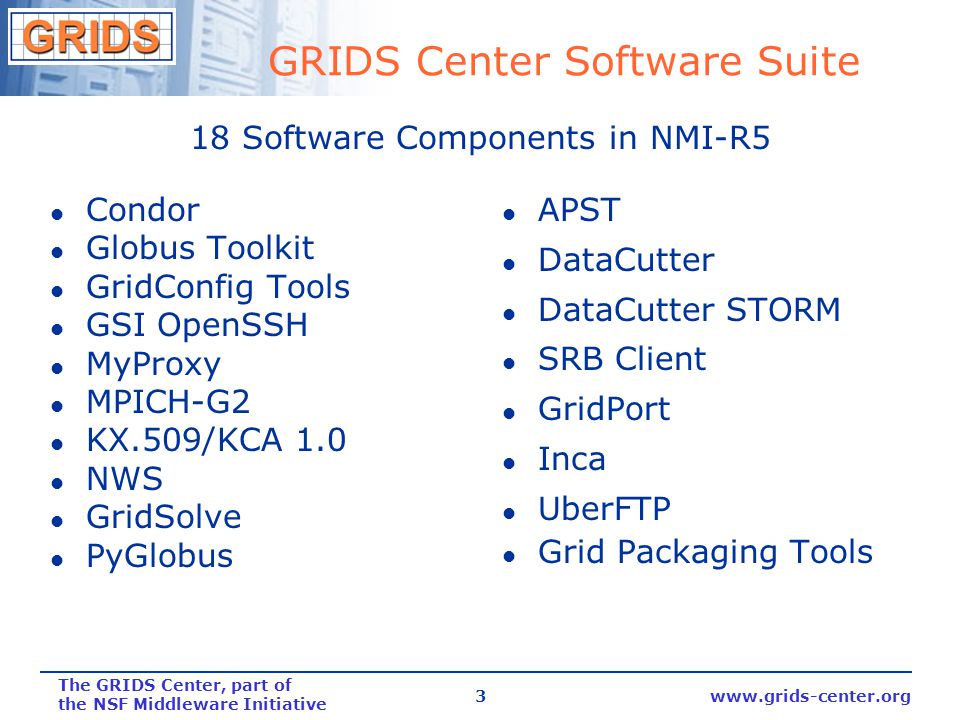 The GRIDS Center, part of the NSF Middleware Initiative 3 GRIDS Center Software Suite l Condor l Globus Toolkit l GridConfig Tools l GSI OpenSSH l MyProxy l MPICH-G2 l KX.509/KCA 1.0 l NWS l GridSolve l PyGlobus l APST l DataCutter l DataCutter STORM l SRB Client l GridPort l Inca l UberFTP l Grid Packaging Tools 18 Software Components in NMI-R5
