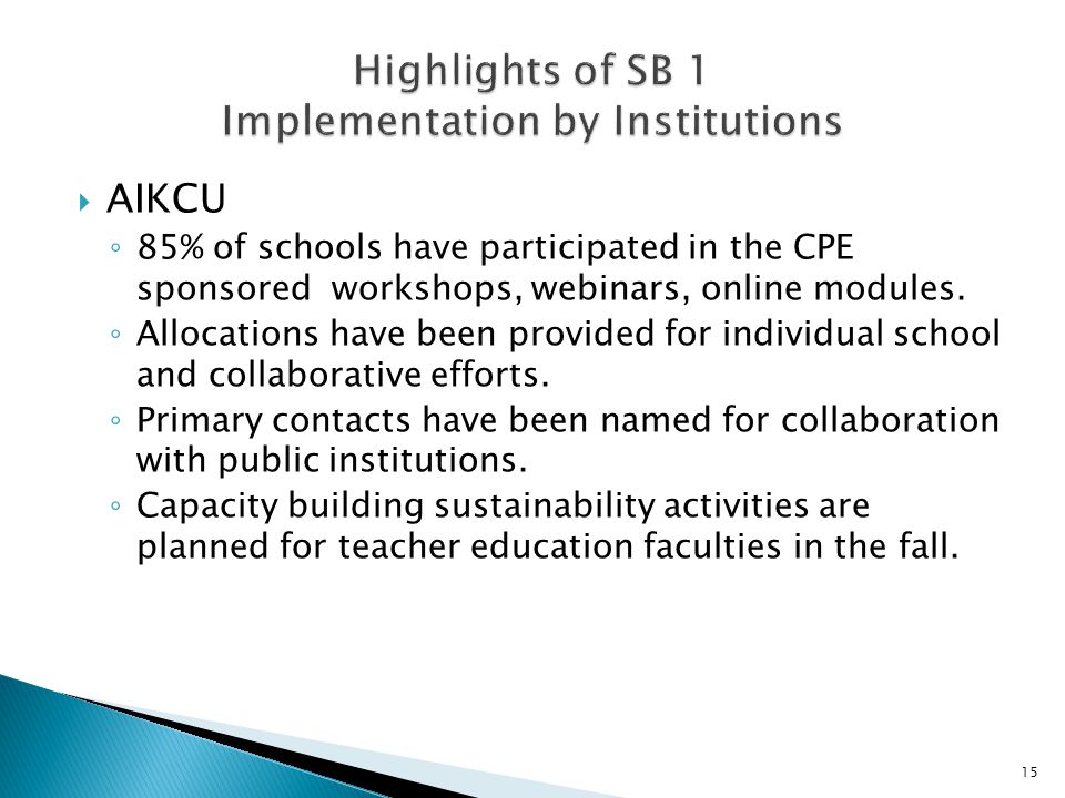  AIKCU ◦ 85% of schools have participated in the CPE sponsored workshops, webinars, online modules.