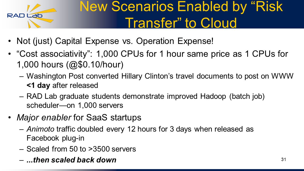 31 New Scenarios Enabled by Risk Transfer to Cloud Not (just) Capital Expense vs.