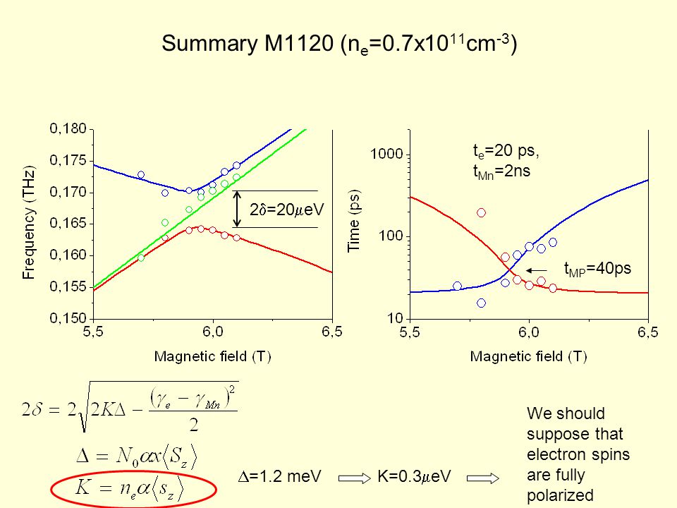 Summary M1120 (n e =0.7x10 11 cm -3 ) 2  =20  eV K=0.3  eV We should suppose that electron spins are fully polarized t MP =40ps t e =20 ps, t Mn =2ns  =1.2 meV