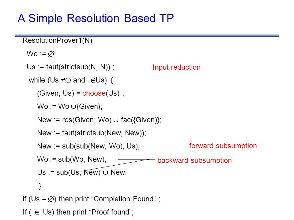 A Simple Resolution Based TP ResolutionProver1(N) Wo :=  ; Us := taut(strictsub(N, N)) ; while (Us  and  Us) { (Given, Us) = choose(Us) ; Wo := Wo  {Given}; New := res(Given, Wo)  fac({Given)}; New := taut(strictsub(New, New)); New := sub(sub(New, Wo), Us); Wo := sub(Wo, New); Us := sub(Us, New)  New; } if (Us =  ) then print Completion Found ; If (  Us) then print Proof found ; Input reduction forward subsumption backward subsumption