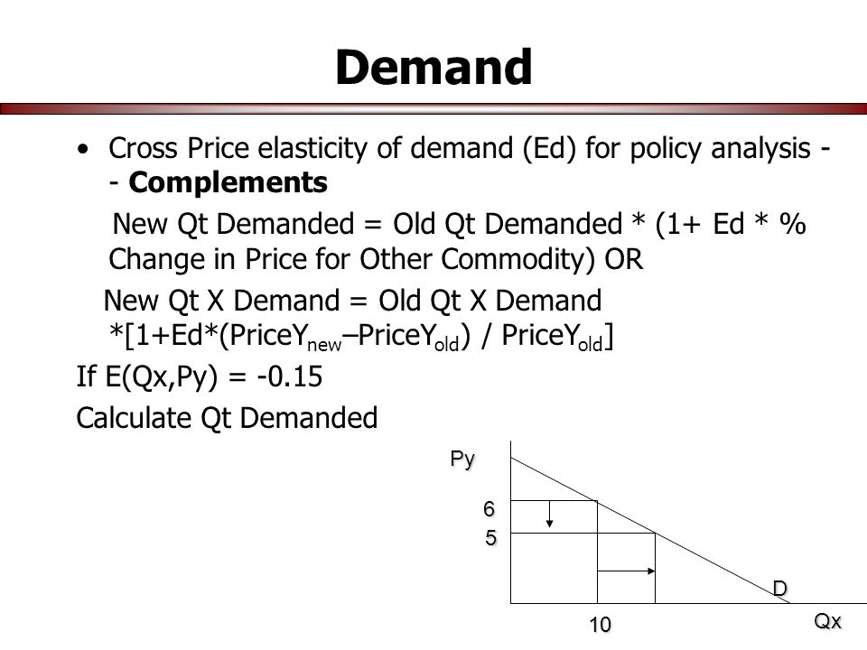Demand Cross Price elasticity of demand (Ed) for policy analysis - - Complements New Qt Demanded = Old Qt Demanded * (1+ Ed * % Change in Price for Other Commodity) OR New Qt X Demand = Old Qt X Demand *[1+Ed*(PriceY new –PriceY old ) / PriceY old ] If E(Qx,Py) = Calculate Qt DemandedPyQx D