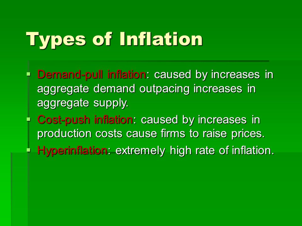 Types of Inflation  Demand-pull inflation: caused by increases in aggregate demand outpacing increases in aggregate supply.