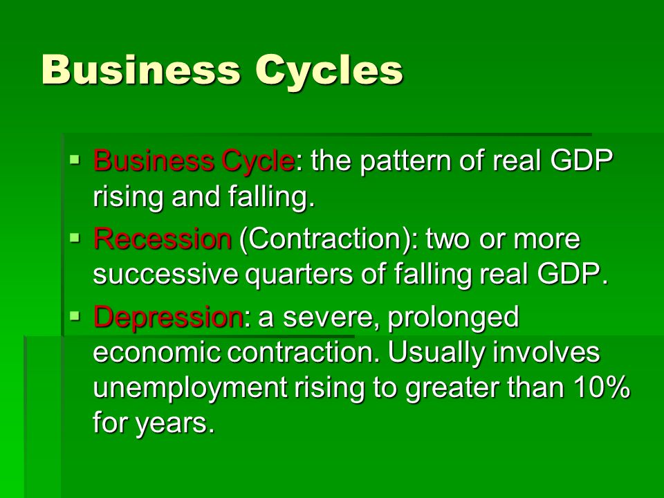 Business Cycles  Business Cycle: the pattern of real GDP rising and falling.