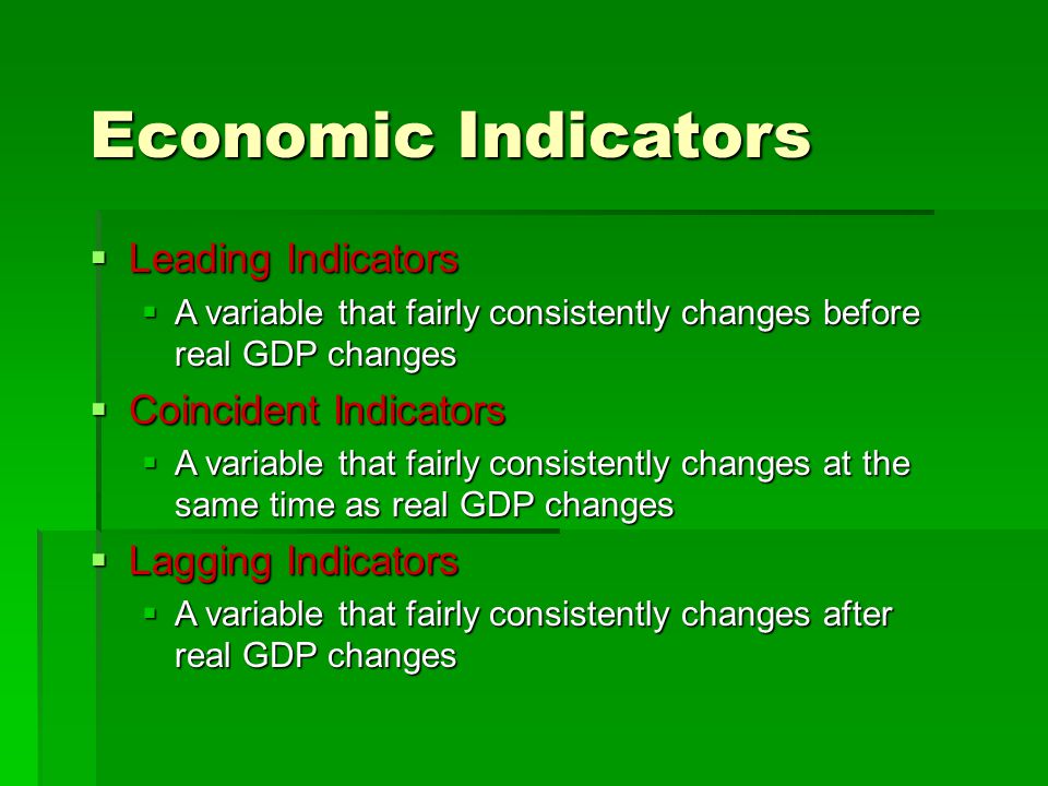 Economic Indicators  Leading Indicators  A variable that fairly consistently changes before real GDP changes  Coincident Indicators  A variable that fairly consistently changes at the same time as real GDP changes  Lagging Indicators  A variable that fairly consistently changes after real GDP changes