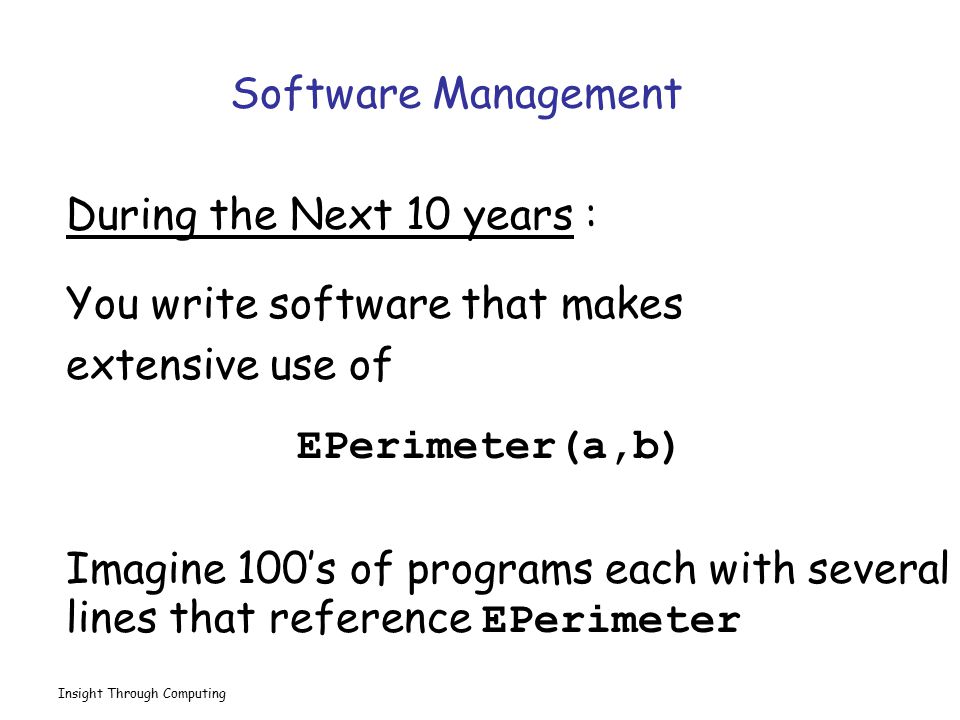 Insight Through Computing Software Management During the Next 10 years : You write software that makes extensive use of EPerimeter(a,b) Imagine 100’s of programs each with several lines that reference EPerimeter