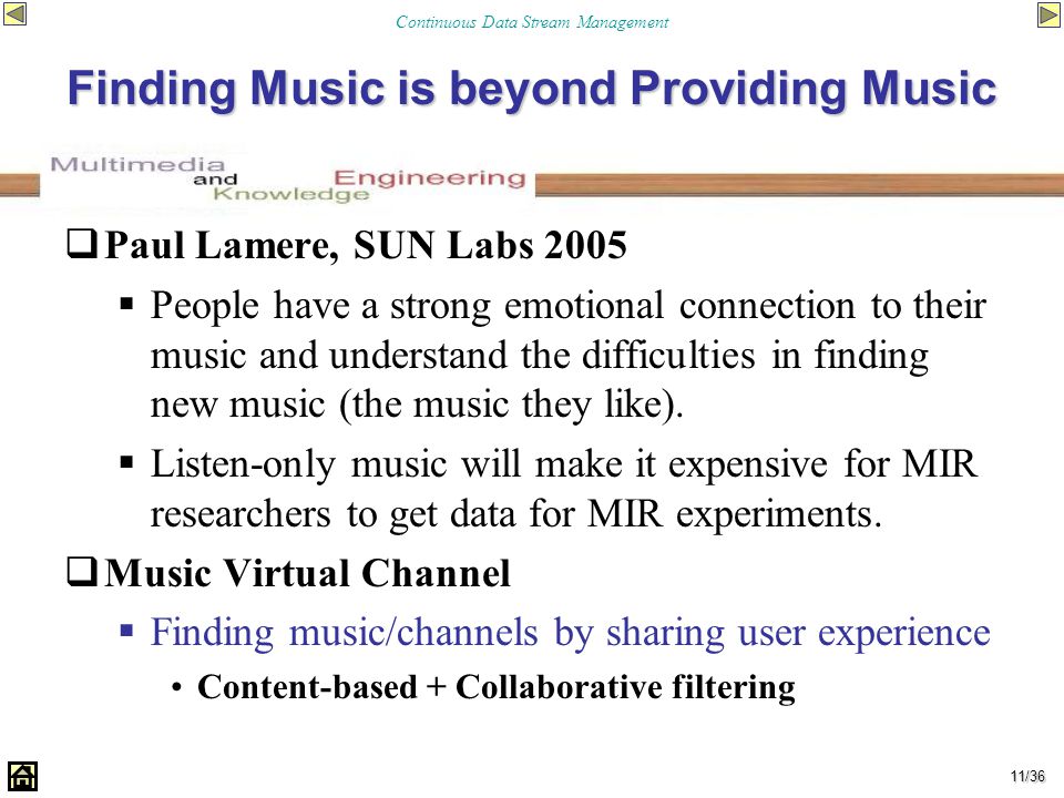 11/36 Finding Music is beyond Providing Music  Paul Lamere, SUN Labs 2005  People have a strong emotional connection to their music and understand the difficulties in finding new music (the music they like).