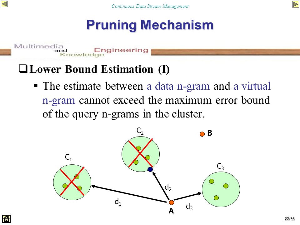 Continuous Data Stream Management 22/36 Pruning Mechanism d1d1 d2d2 d3d3 C1C1 C2C2 C3C3 A  Lower Bound Estimation (I)  The estimate between a data n-gram and a virtual n-gram cannot exceed the maximum error bound of the query n-grams in the cluster.