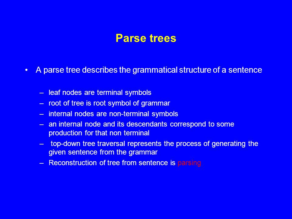 Parse trees A parse tree describes the grammatical structure of a sentence –leaf nodes are terminal symbols –root of tree is root symbol of grammar –internal nodes are non-terminal symbols –an internal node and its descendants correspond to some production for that non terminal – top-down tree traversal represents the process of generating the given sentence from the grammar –Reconstruction of tree from sentence is parsing