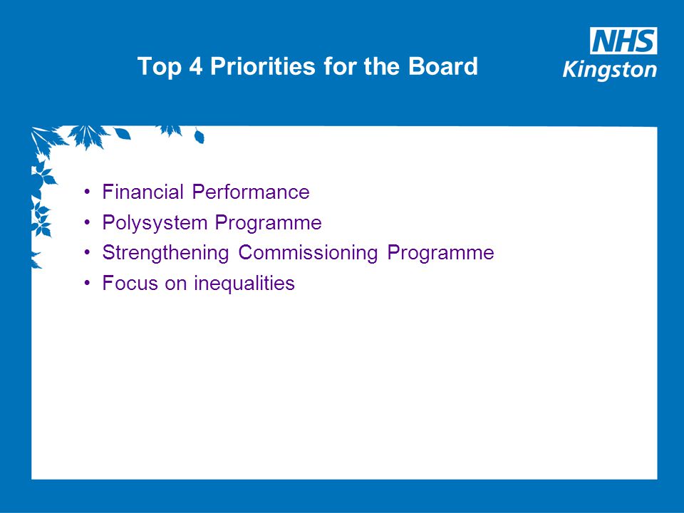 Top 4 Priorities for the Board Financial Performance Polysystem Programme Strengthening Commissioning Programme Focus on inequalities