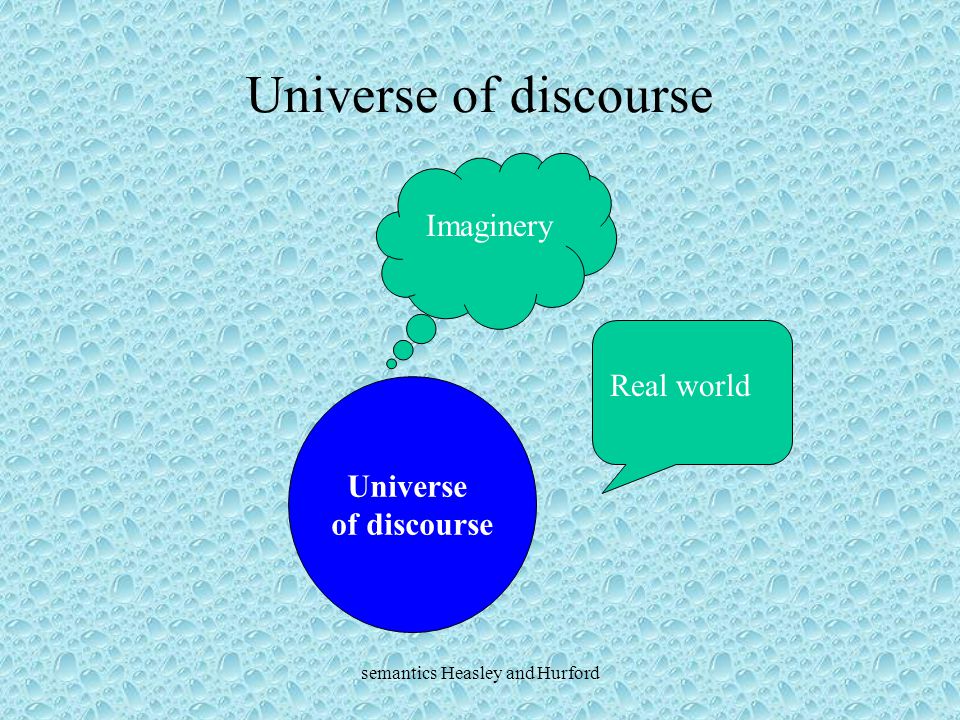 semantics Heasley and Hurford Universe of discourse Universe of discourse Imaginery Real world