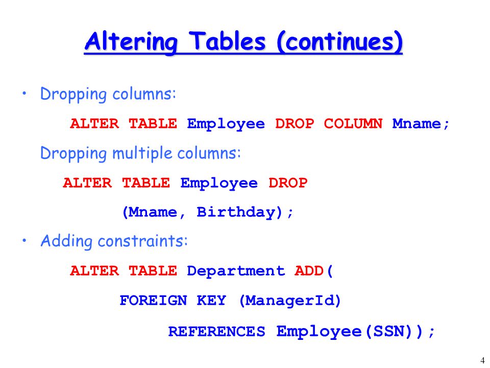 1 Table Alteration. 2 Altering Tables Table definition can be altered after  its creation –Adding columns –Changing columns' definition –Dropping columns.  - ppt download