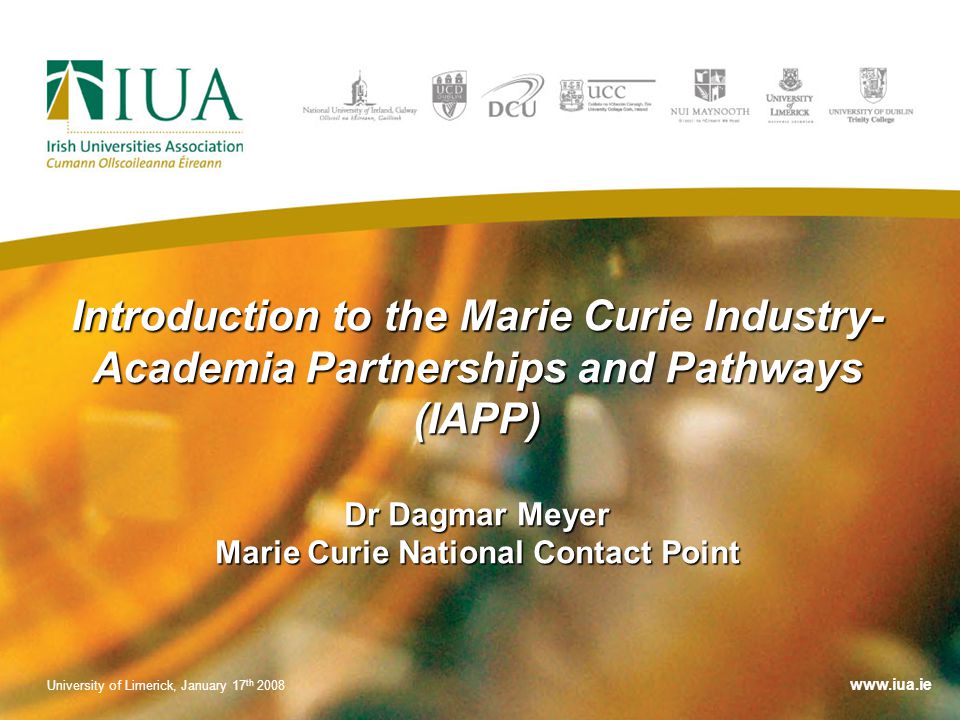 Introduction to the Marie Curie Industry- Academia Partnerships and Pathways (IAPP) Dr Dagmar Meyer Marie Curie National Contact Point University of Limerick, January 17 th