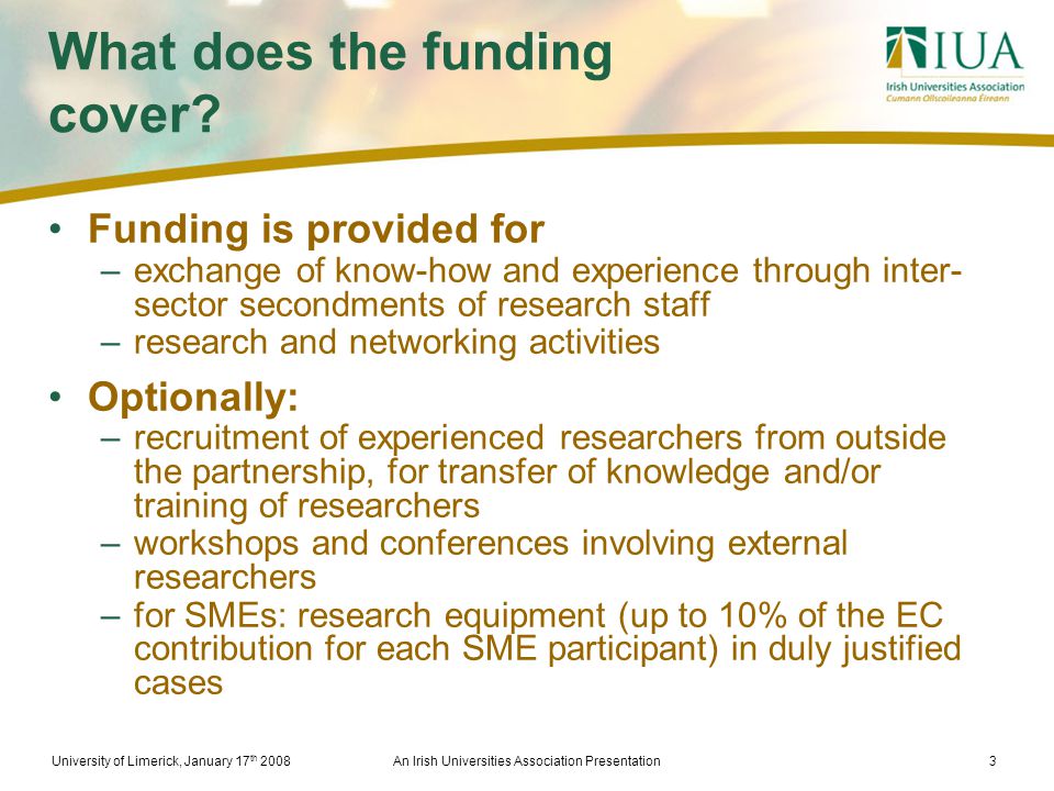 University of Limerick, January 17 th 2008An Irish Universities Association Presentation3 What does the funding cover.