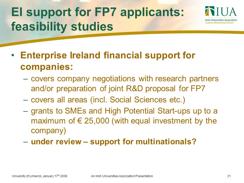 University of Limerick, January 17 th 2008An Irish Universities Association Presentation31 EI support for FP7 applicants: feasibility studies Enterprise Ireland financial support for companies: –covers company negotiations with research partners and/or preparation of joint R&D proposal for FP7 –covers all areas (incl.