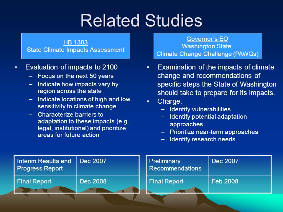 Related Studies Interim Results and Progress Report Dec 2007 Final ReportDec 2008 HB 1303 State Climate Impacts Assessment Governor’s EO Washington State Climate Change Challenge (PAWGs) Preliminary Recommendations Dec 2007 Final ReportFeb 2008 Evaluation of impacts to 2100 –Focus on the next 50 years –Indicate how impacts vary by region across the state –Indicate locations of high and low sensitivity to climate change –Characterize barriers to adaptation to these impacts (e.g., legal, institutional) and prioritize areas for future action Examination of the impacts of climate change and recommendations of specific steps the State of Washington should take to prepare for its impacts.