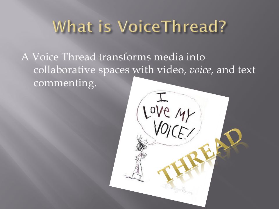 A Voice Thread transforms media into collaborative spaces with video, voice, and text commenting.