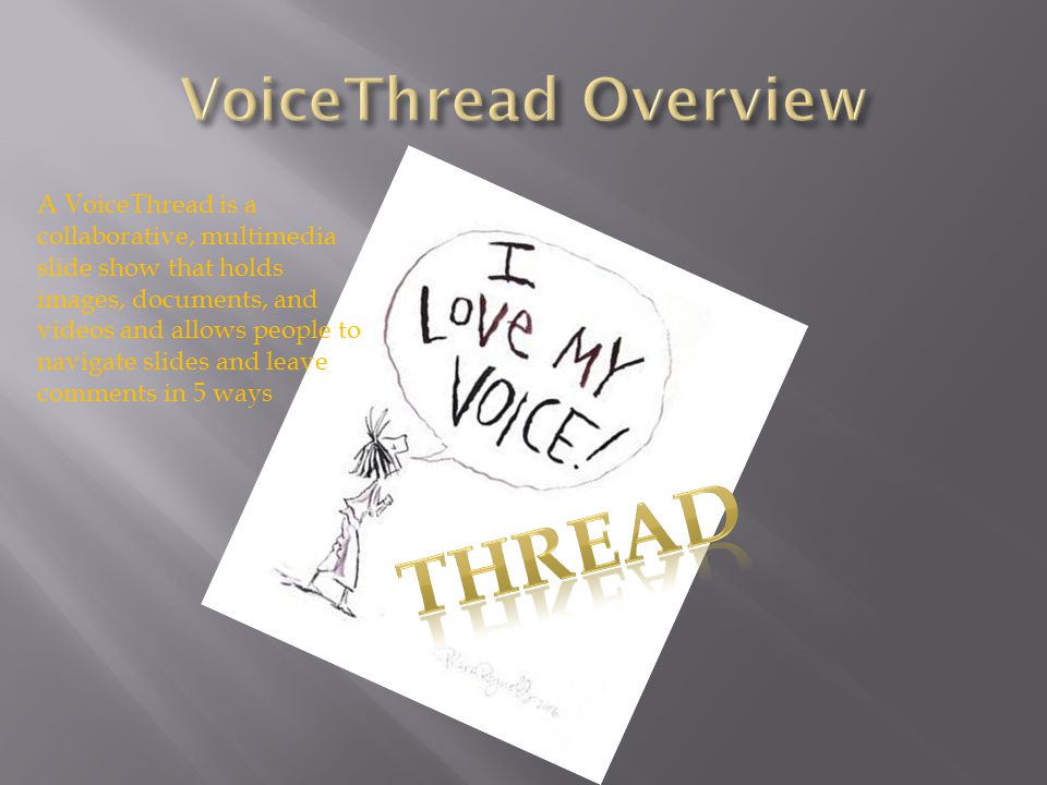 A VoiceThread is a collaborative, multimedia slide show that holds images, documents, and videos and allows people to navigate slides and leave comments in 5 ways