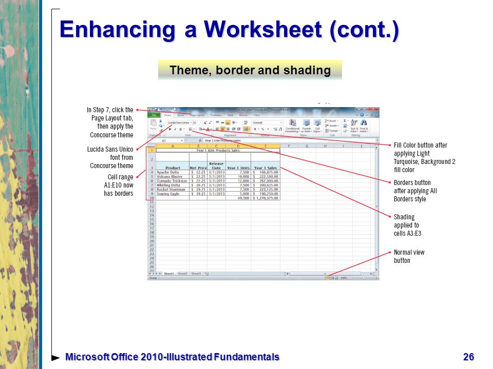 26Microsoft Office 2010-Illustrated Fundamentals Enhancing a Worksheet (cont.) Theme, border and shading
