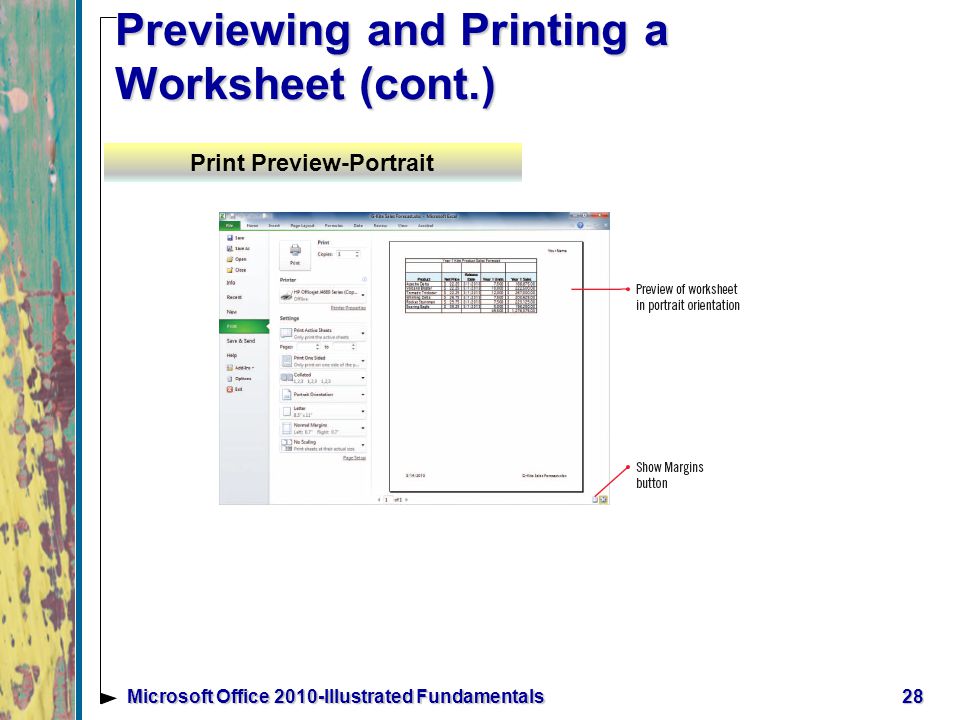 28Microsoft Office 2010-Illustrated Fundamentals Previewing and Printing a Worksheet (cont.) Print Preview-Portrait