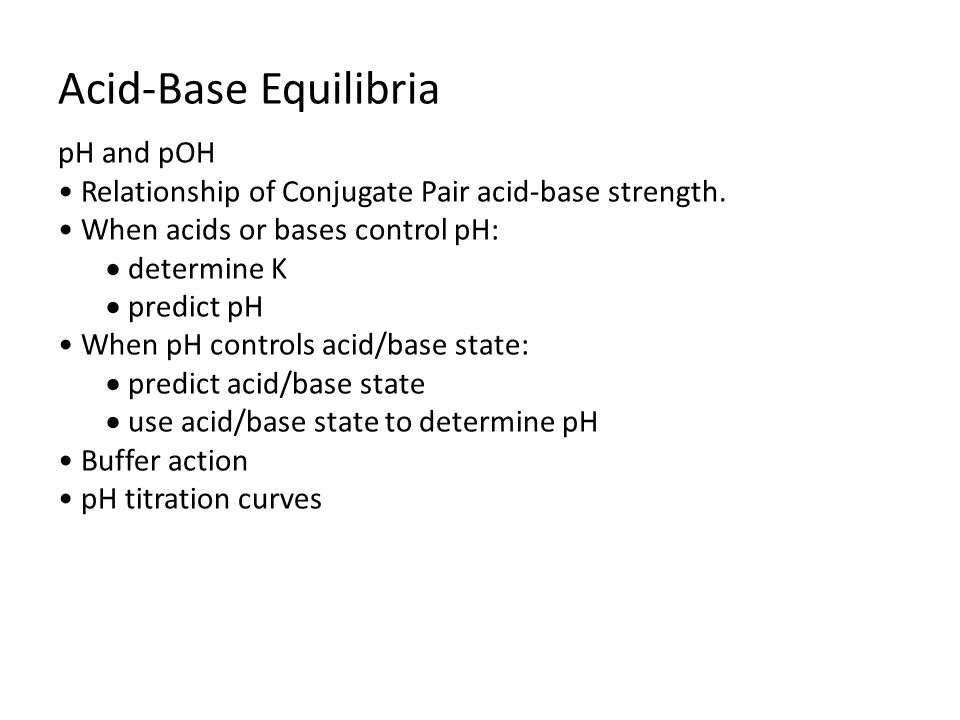 Acid-Base Equilibria pH and pOH Relationship of Conjugate Pair acid-base strength.